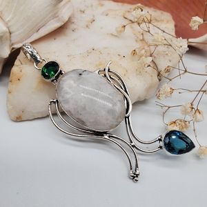 Natural Large Moonstone/Blue Topaz Stones Silver Pendant